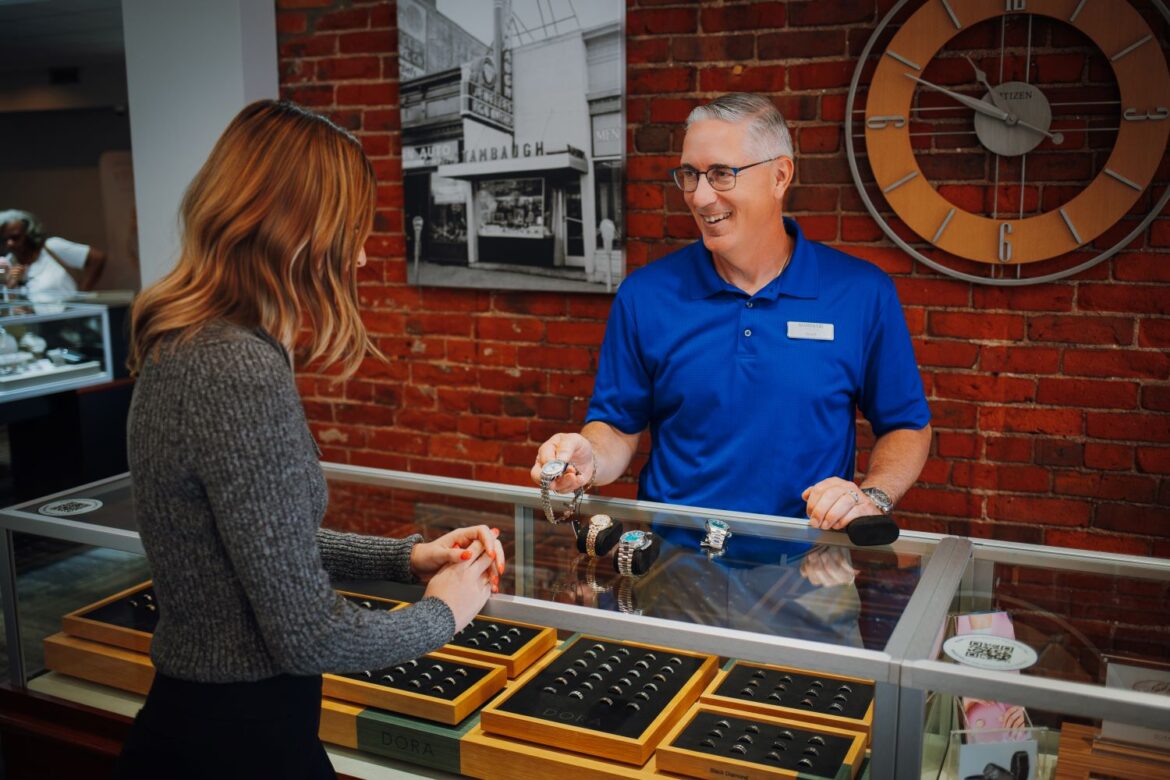 Scott Stambaugh helping a customer in Stambaugh Jewelers