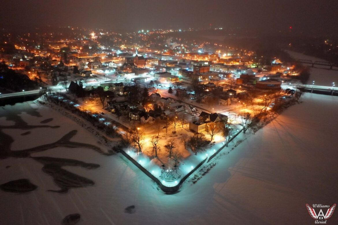 Aerial view of Defiance in winter